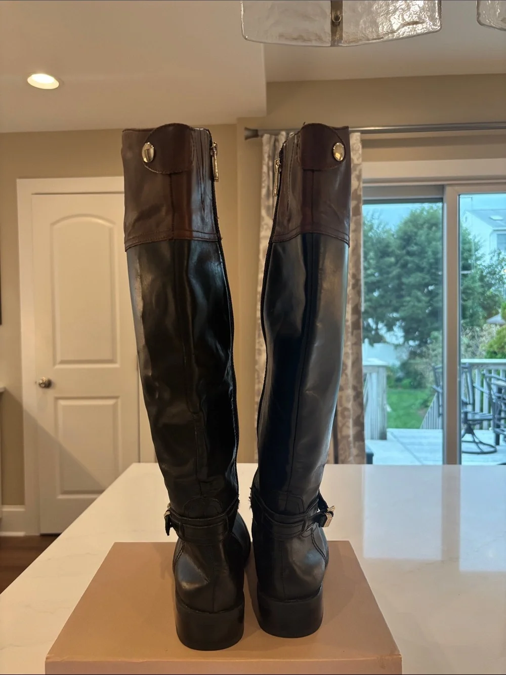 Vince Camuto Black Leather Over-the-Knee Boots with Brown Cuff